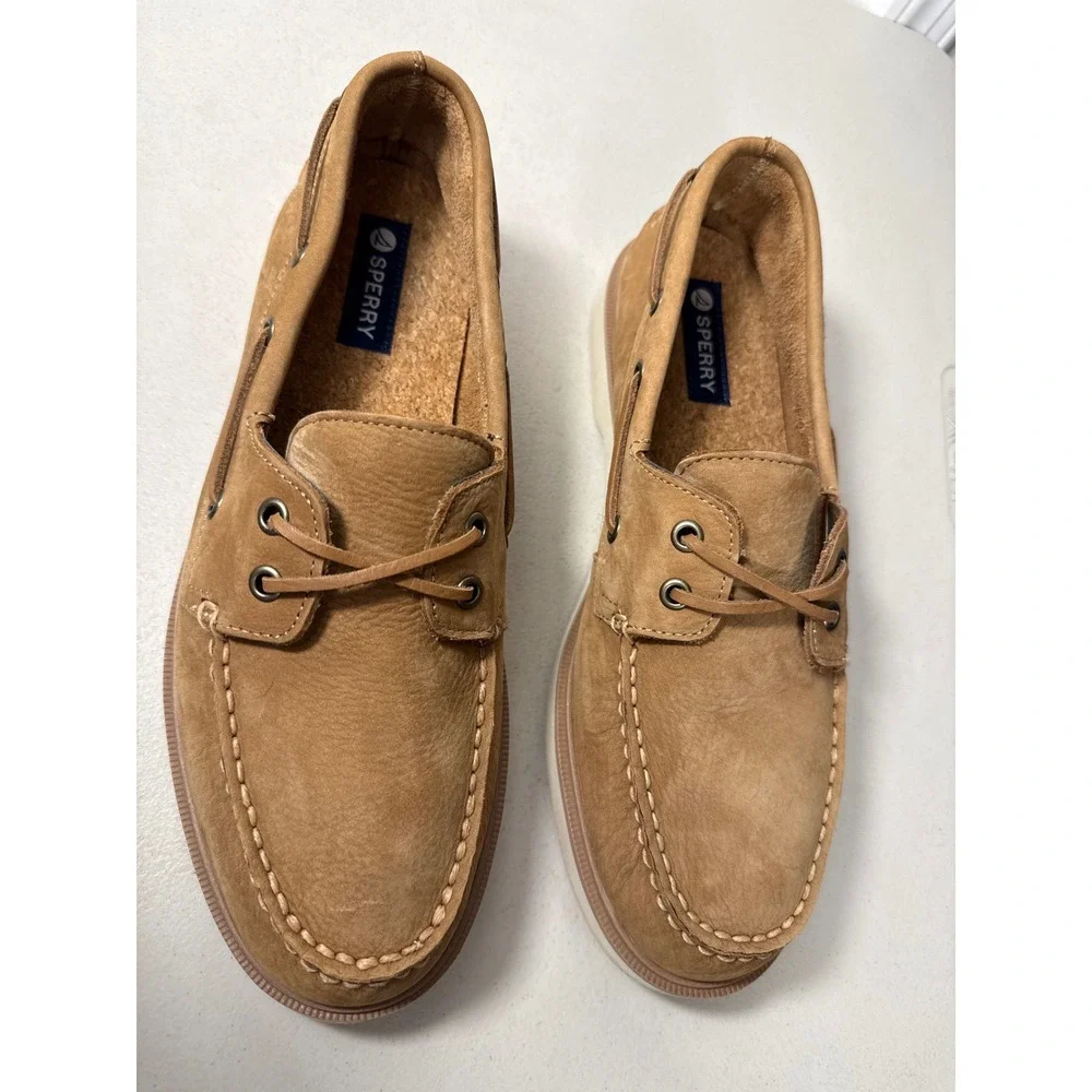 Sperry Top-Sider Mens Tan Leather Boat Shoes Moc Toe Loafers Cork Footbed. 10.5